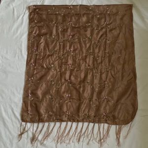 Tan embroidered crinkle silk scarf